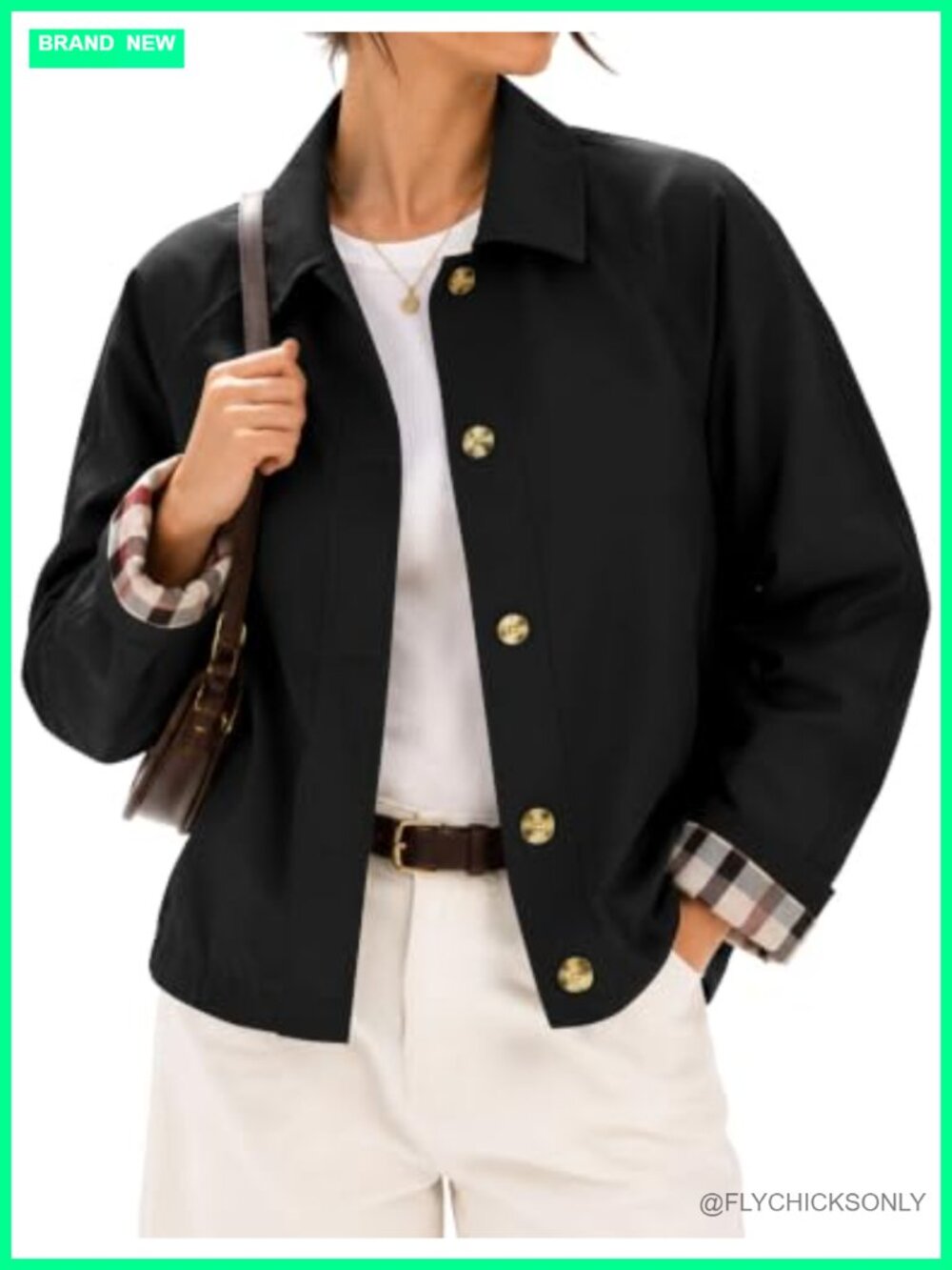 LOMON Womens Short Trench Jacket Plaid Lining Button Front Lightweight Casual